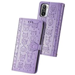Embossing Dog Paw Kitten and Puppy Leather Wallet Case for Xiaomi Redmi Note 10 Pro / Note 10 Pro Max - Purple