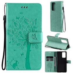 Embossing Butterfly Tree Leather Wallet Case for Xiaomi Redmi Note 10 Pro / Note 10 Pro Max - Cyan
