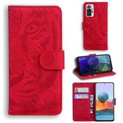 Intricate Embossing Tiger Face Leather Wallet Case for Xiaomi Redmi Note 10 Pro / Note 10 Pro Max - Red