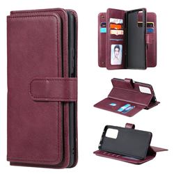 Multi-function Ten Card Slots and Photo Frame PU Leather Wallet Phone Case Cover for Xiaomi Redmi Note 10 Pro / Note 10 Pro Max - Claret