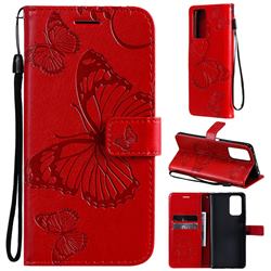 Embossing 3D Butterfly Leather Wallet Case for Xiaomi Redmi Note 10 Pro / Note 10 Pro Max - Red