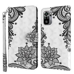 Black Lace Flower 3D Painted Leather Wallet Case for Xiaomi Redmi Note 10 4G / Redmi Note 10S