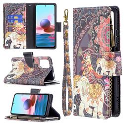 Totem Flower Elephant Binfen Color BF03 Retro Zipper Leather Wallet Phone Case for Xiaomi Redmi Note 10 4G / Redmi Note 10S