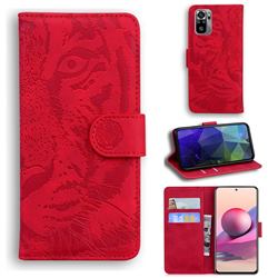 Intricate Embossing Tiger Face Leather Wallet Case for Xiaomi Redmi Note 10 4G / Redmi Note 10S - Red