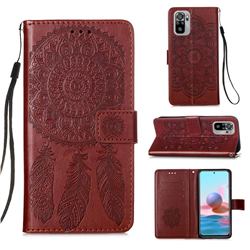 Embossing Dream Catcher Mandala Flower Leather Wallet Case for Xiaomi Redmi Note 10 4G / Redmi Note 10S - Brown