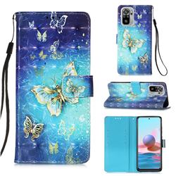 Gold Butterfly 3D Painted Leather Wallet Case for Xiaomi Redmi Note 10 4G / Redmi Note 10S