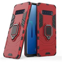 Black Panther Armor Metal Ring Grip Shockproof Dual Layer Rugged Hard Cover for Samsung Galaxy S10 (6.1 inch) - Red