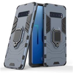 Black Panther Armor Metal Ring Grip Shockproof Dual Layer Rugged Hard Cover for Samsung Galaxy S10 (6.1 inch) - Blue
