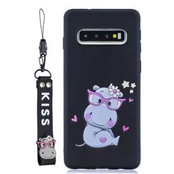 Black Flower Hippo Soft Kiss Candy Hand Strap Silicone Case for Samsung Galaxy S10 (6.1 inch)