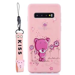 Pink Flower Bear Soft Kiss Candy Hand Strap Silicone Case for Samsung Galaxy S10 (6.1 inch)