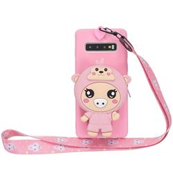 Pink Pig Neck Lanyard Zipper Wallet Silicone Case for Samsung Galaxy S10 (6.1 inch)
