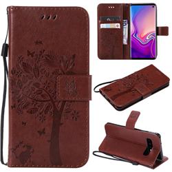 Embossing Butterfly Tree Leather Wallet Case for Samsung Galaxy S10 (6.1 inch) - Coffee