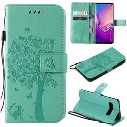 Embossing Butterfly Tree Leather Wallet Case for Samsung Galaxy S10 (6.1 inch) - Cyan