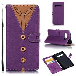 Mens Button Clothing Style Leather Wallet Phone Case for Samsung Galaxy S10 (6.1 inch) - Purple