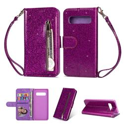 Glitter Shine Leather Zipper Wallet Phone Case for Samsung Galaxy S10 (6.1 inch) - Purple