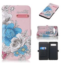 Pink Blue Rose Endeavour Florid Pearl Flower Pendant Metal Strap PU Leather Wallet Case for Samsung Galaxy S10 (6.1 inch)