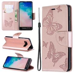 Embossing Double Butterfly Leather Wallet Case for Samsung Galaxy S10 (6.1 inch) - Rose Gold