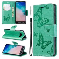 Embossing Double Butterfly Leather Wallet Case for Samsung Galaxy S10 (6.1 inch) - Green
