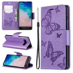 Embossing Double Butterfly Leather Wallet Case for Samsung Galaxy S10 (6.1 inch) - Purple