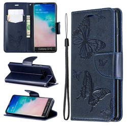 Embossing Double Butterfly Leather Wallet Case for Samsung Galaxy S10 (6.1 inch) - Dark Blue