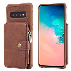 Retro Luxury Multifunction Zipper Leather Phone Back Cover for Samsung Galaxy S10 (6.1 inch) - Coffee