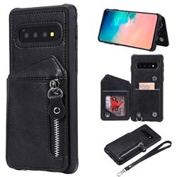 Classic Luxury Buckle Zipper Anti-fall Leather Phone Back Cover for Samsung Galaxy S10 (6.1 inch) - Black