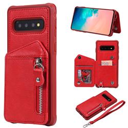 Classic Luxury Buckle Zipper Anti-fall Leather Phone Back Cover for Samsung Galaxy S10 (6.1 inch) - Red
