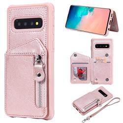 Classic Luxury Buckle Zipper Anti-fall Leather Phone Back Cover for Samsung Galaxy S10 (6.1 inch) - Pink