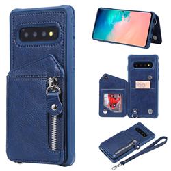 Classic Luxury Buckle Zipper Anti-fall Leather Phone Back Cover for Samsung Galaxy S10 (6.1 inch) - Blue