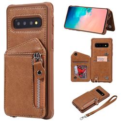 Classic Luxury Buckle Zipper Anti-fall Leather Phone Back Cover for Samsung Galaxy S10 (6.1 inch) - Brown