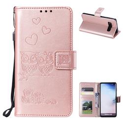Embossing Owl Couple Flower Leather Wallet Case for Samsung Galaxy S10 (6.1 inch) - Rose Gold
