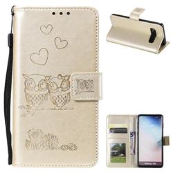 Embossing Owl Couple Flower Leather Wallet Case for Samsung Galaxy S10 (6.1 inch) - Golden
