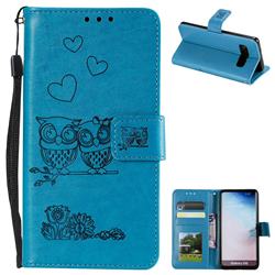 Embossing Owl Couple Flower Leather Wallet Case for Samsung Galaxy S10 (6.1 inch) - Blue