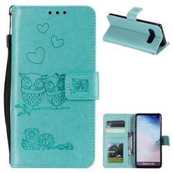 Embossing Owl Couple Flower Leather Wallet Case for Samsung Galaxy S10 (6.1 inch) - Green