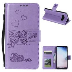 Embossing Owl Couple Flower Leather Wallet Case for Samsung Galaxy S10 (6.1 inch) - Purple