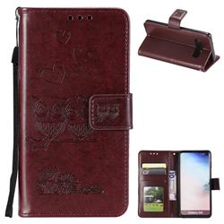 Embossing Owl Couple Flower Leather Wallet Case for Samsung Galaxy S10 (6.1 inch) - Brown