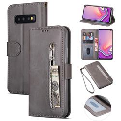 Retro Calfskin Zipper Leather Wallet Case Cover for Samsung Galaxy S10 (6.1 inch) - Grey