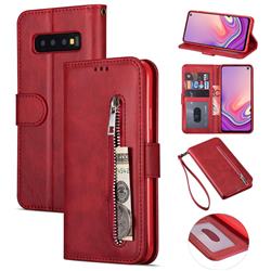 Retro Calfskin Zipper Leather Wallet Case Cover for Samsung Galaxy S10 (6.1 inch) - Red
