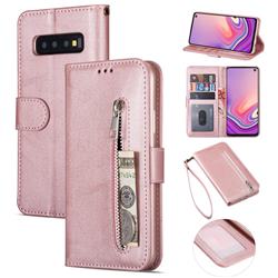 Retro Calfskin Zipper Leather Wallet Case Cover for Samsung Galaxy S10 (6.1 inch) - Rose Gold