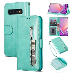 Retro Calfskin Zipper Leather Wallet Case Cover for Samsung Galaxy S10 (6.1 inch) - Mint Green