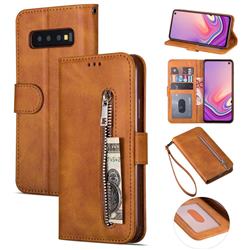 Retro Calfskin Zipper Leather Wallet Case Cover for Samsung Galaxy S10 (6.1 inch) - Brown