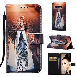 Cat and Tiger Matte Leather Wallet Phone Case for Samsung Galaxy S10 (6.1 inch)
