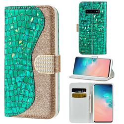 Glitter Diamond Buckle Laser Stitching Leather Wallet Phone Case for Samsung Galaxy S10 (6.1 inch) - Green