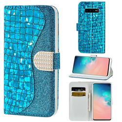 Glitter Diamond Buckle Laser Stitching Leather Wallet Phone Case for Samsung Galaxy S10 (6.1 inch) - Blue