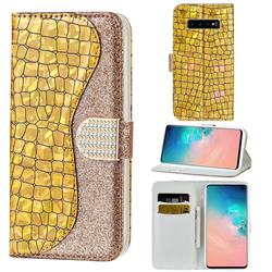 Glitter Diamond Buckle Laser Stitching Leather Wallet Phone Case for Samsung Galaxy S10 (6.1 inch) - Gold