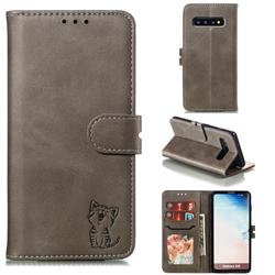 Embossing Happy Cat Leather Wallet Case for Samsung Galaxy S10 (6.1 inch) - Gray