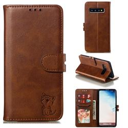 Embossing Happy Cat Leather Wallet Case for Samsung Galaxy S10 (6.1 inch) - Brown