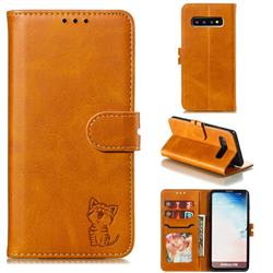 Embossing Happy Cat Leather Wallet Case for Samsung Galaxy S10 (6.1 inch) - Yellow