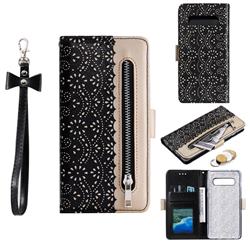 Luxury Lace Zipper Stitching Leather Phone Wallet Case for Samsung Galaxy S10 (6.1 inch) - Black