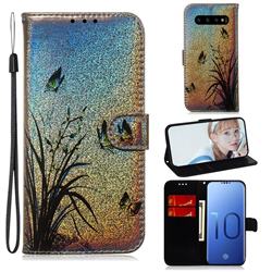 Butterfly Orchid Laser Shining Leather Wallet Phone Case for Samsung Galaxy S10 (6.1 inch)